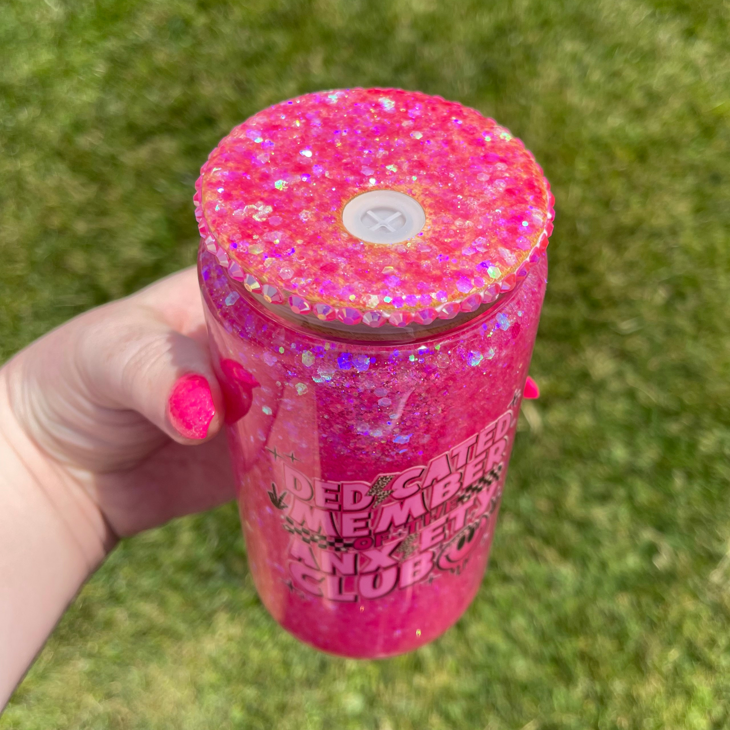 Dedicated Member of the Anxiety Club 16oz Glitter Glass Can