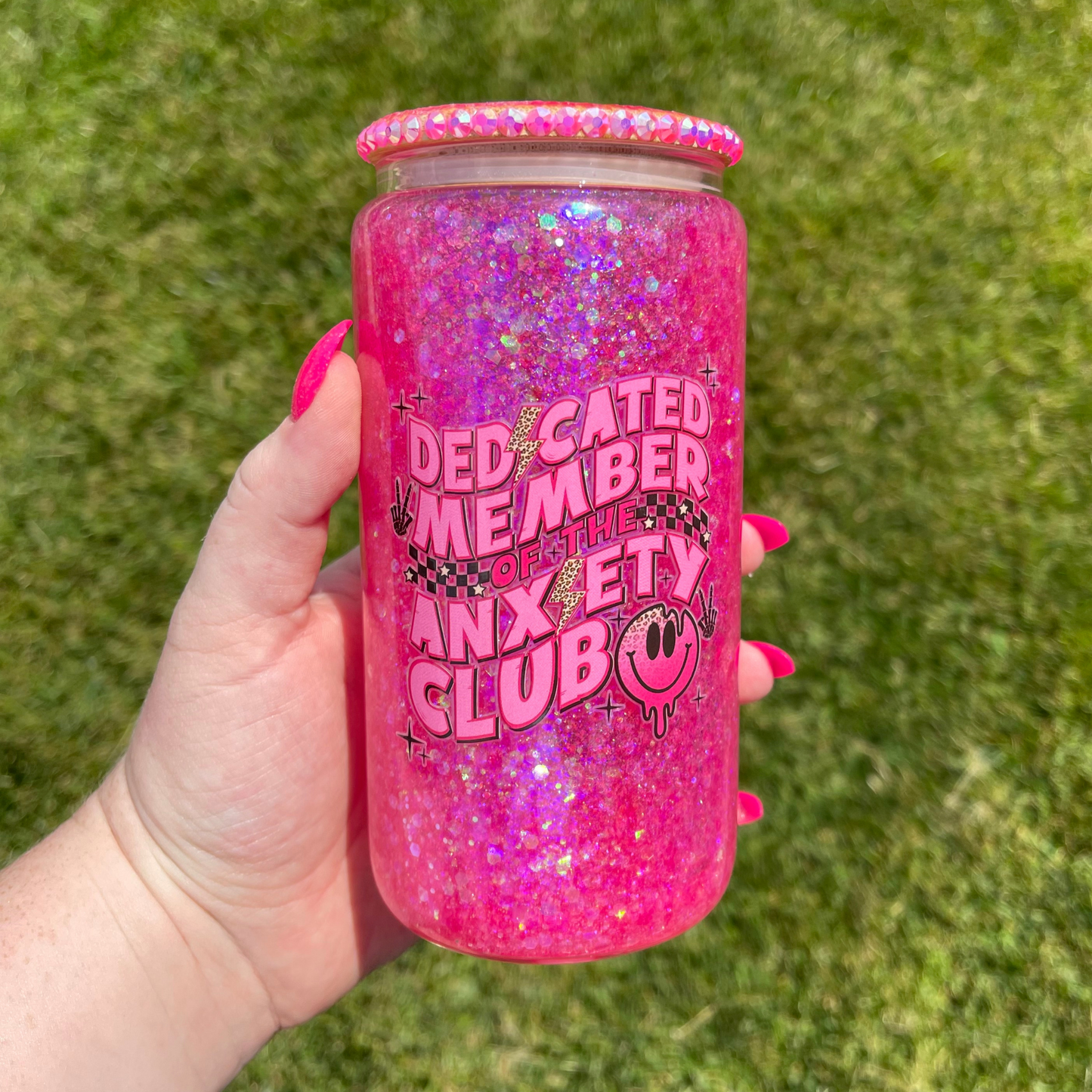 Dedicated Member of the Anxiety Club 16oz Glitter Glass Can